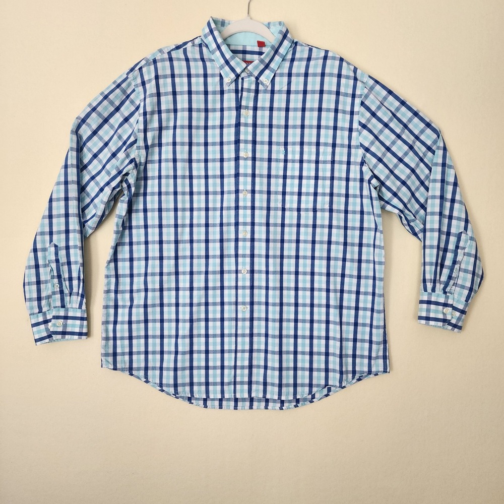 IZOD Mens XL Long Sleeve Plaid Button Down Shirt Blue White Gingham Check